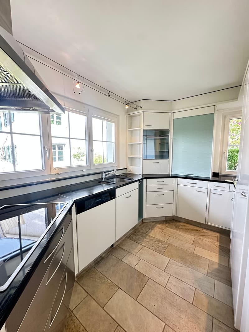 modern kitchen with white cabinets, black countertops, stainless steel appliances, large windows
