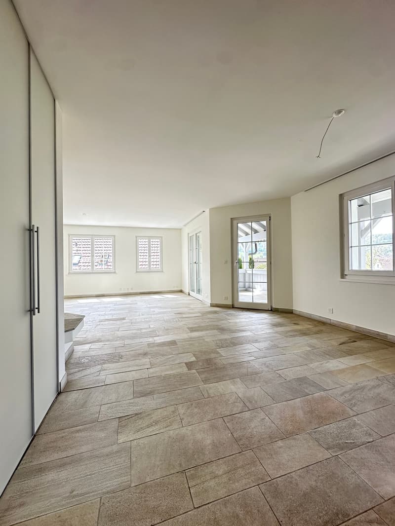 Empty room with wooden floor, white walls, glass doors, windows, and a ceiling light
