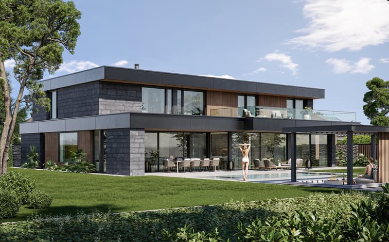 Two-story modern house with a flat roof, large glass windows, and a mix of dark gray and wood exterior materials. The house has a swimming pool and a balcony or terrace on the upper level.