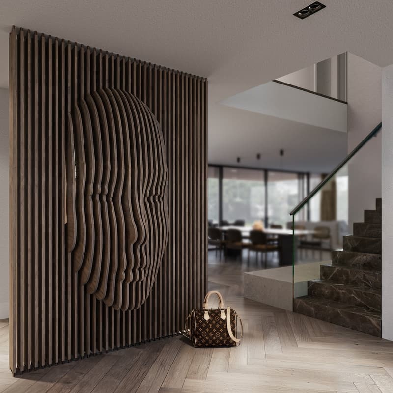 Wooden decorative wall, wooden floor, staircase with marble steps, wooden railing