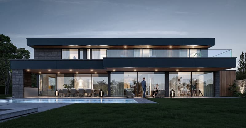 modern two story house, glass walls, terraces, swimming pool, garden
