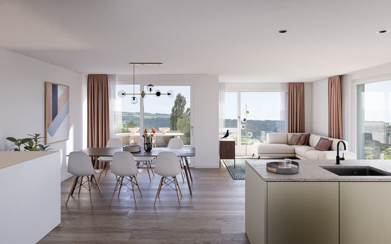 Dining area with table and chairs, modern chandelier, open floor plan with couch in living room, large windows with curtains