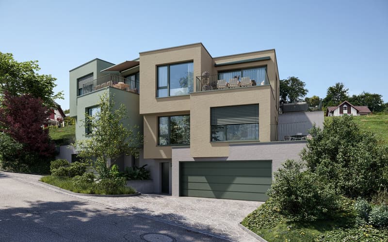 Two-story modern house, light green exterior, double garage, multiple balconies