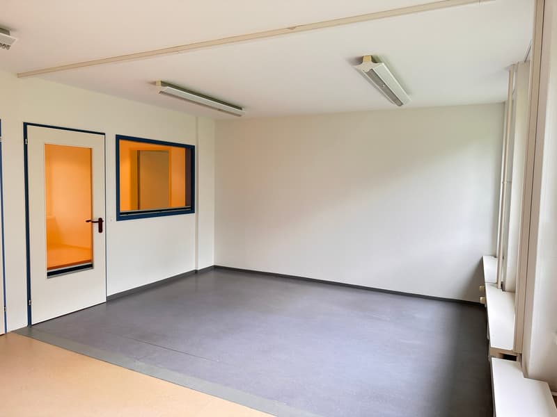 A room with white walls, gray floor, and ceiling lights. There is an entrance door with a glass panel and a small window with blue trims.