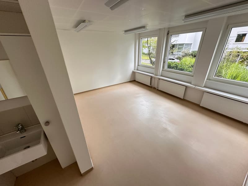 Empty room with white walls, beige flooring, sink, radiators, and three large windows with outdoor views.