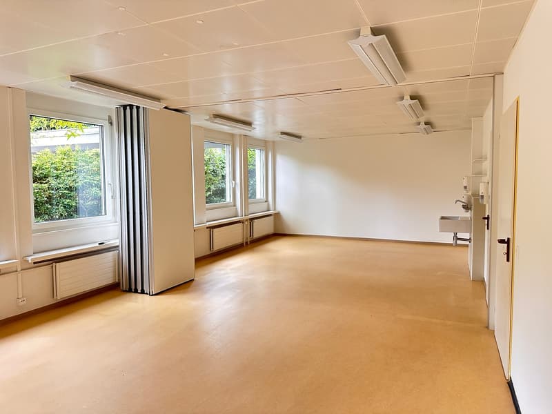 an empty room with a concrete floor and white walls, with multiple windows, radiators, and lights