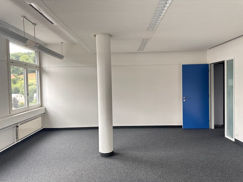 modern office room, white walls, gray carpet, white ceiling, pillar, windows, radiator
