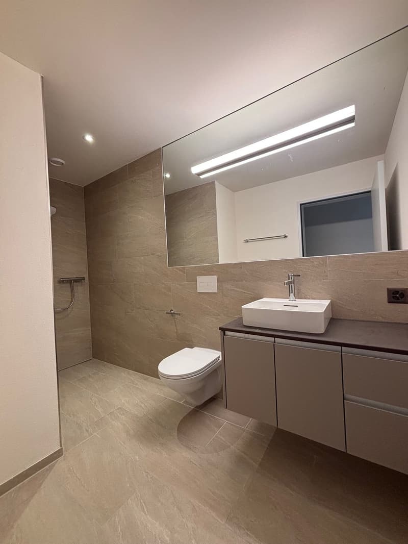 Bathroom with modern design, large mirror, white toilet, white sink, tiled floor, shower area