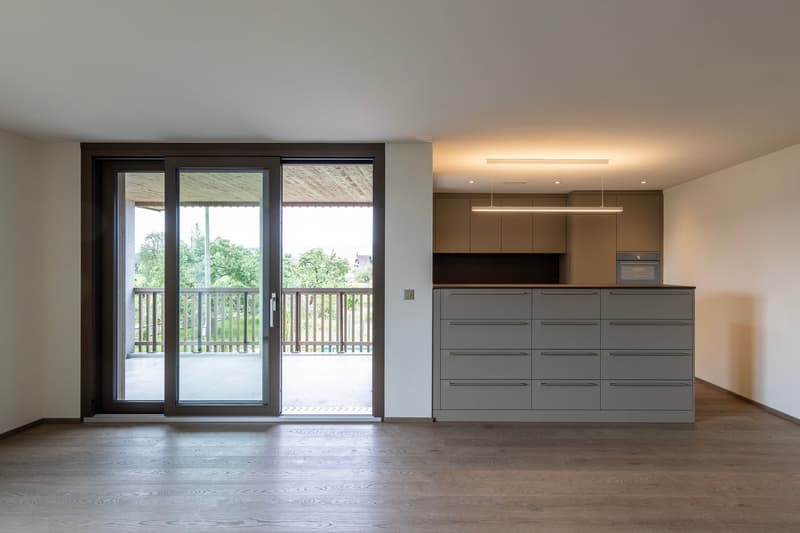 empty room, wooden floor, sliding glass door, balcony, kitchen island, cabinets, ceiling light