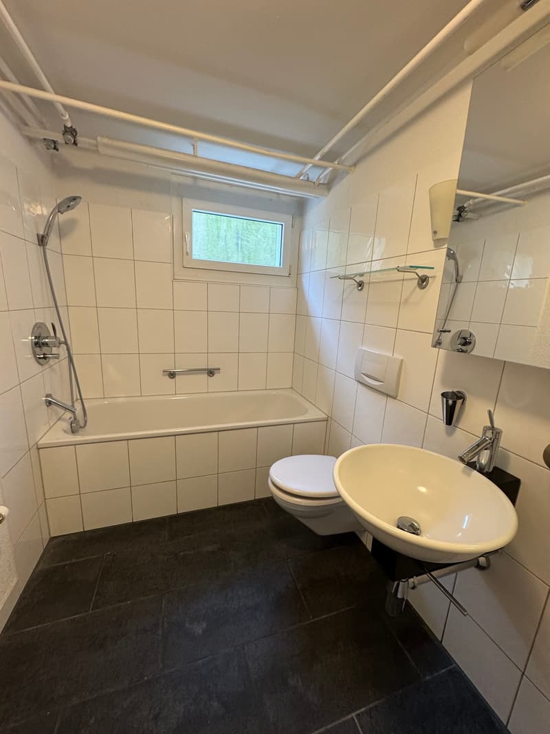 Bathroom features a bathtub, a toilet, a sink, and a mirror.