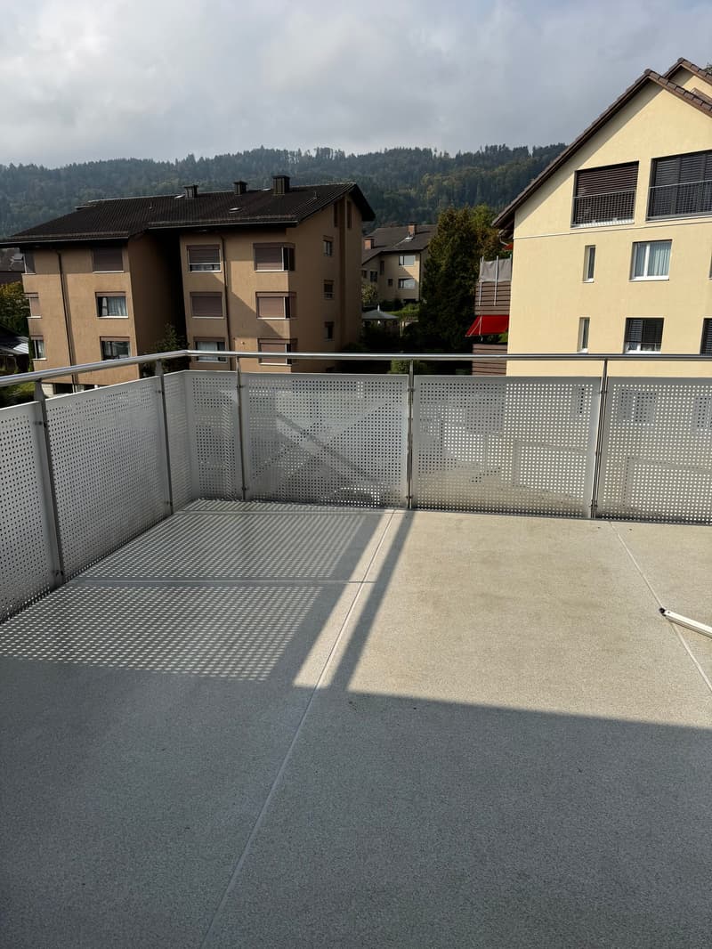 Balcony with metal railings, concrete floor, shadowed area