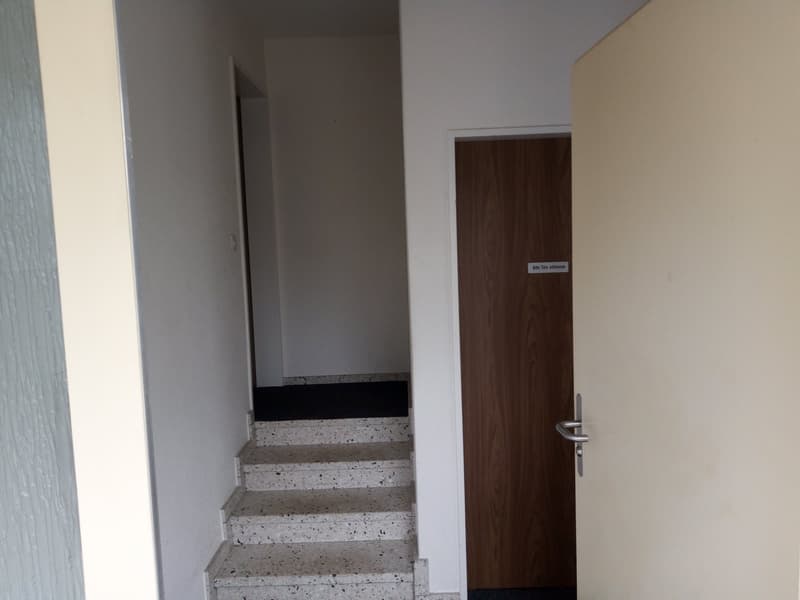 Empty hallway with white walls, wooden door, and marble stairs