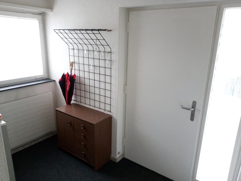 A room with a wooden cabinet, a coat rack, a white door, a window, and a radiator.