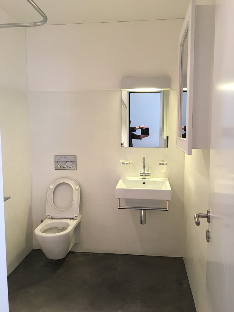 A small bathroom with a toilet, sink, and mirror.