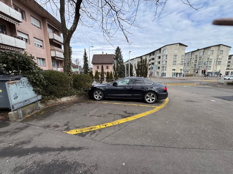 A street scene with a black car parked in a designated parking area, yellow markings, buildings on either side, streetlights, and greenery.
