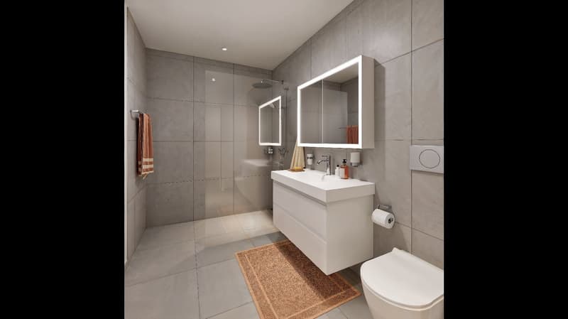 Modern bathroom with walk-in shower, vanity, toilet, towel rack