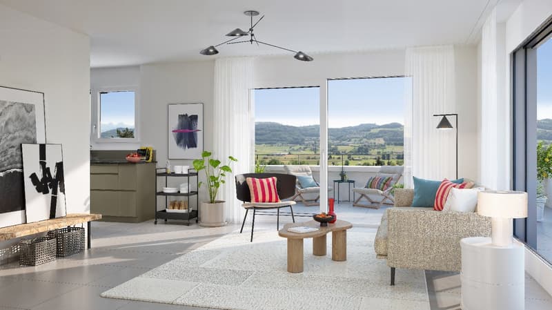 Modern furnished living room, grey tile floor, white rug, windows overlooking scenic landscape, balcony access