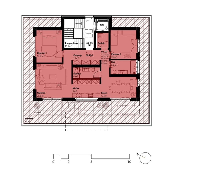 Living room, kitchen, 2 bedrooms, bathroom, hall, balcony, stair