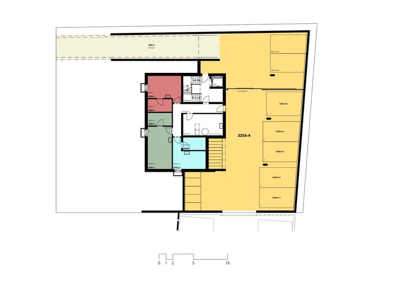 garage, raised ground floor, multiple rooms, stairs
