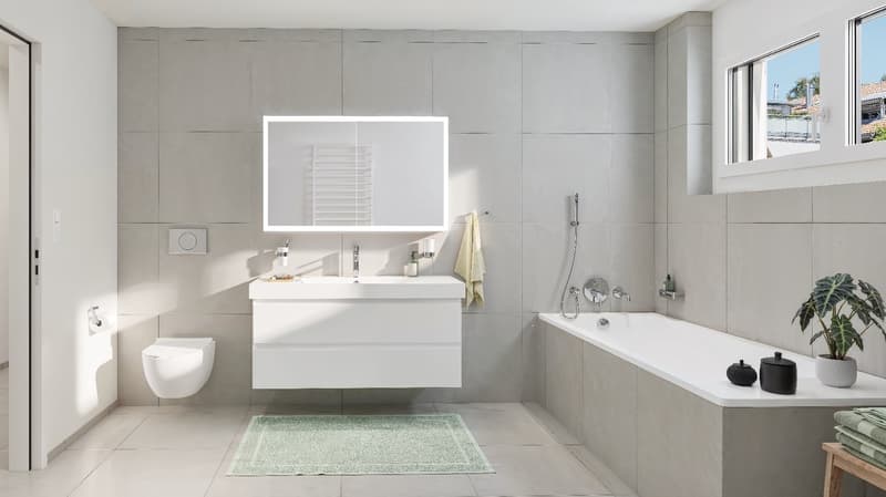 white tiles, modern style, mirror, sink, shower, bathtub, toilet, plant