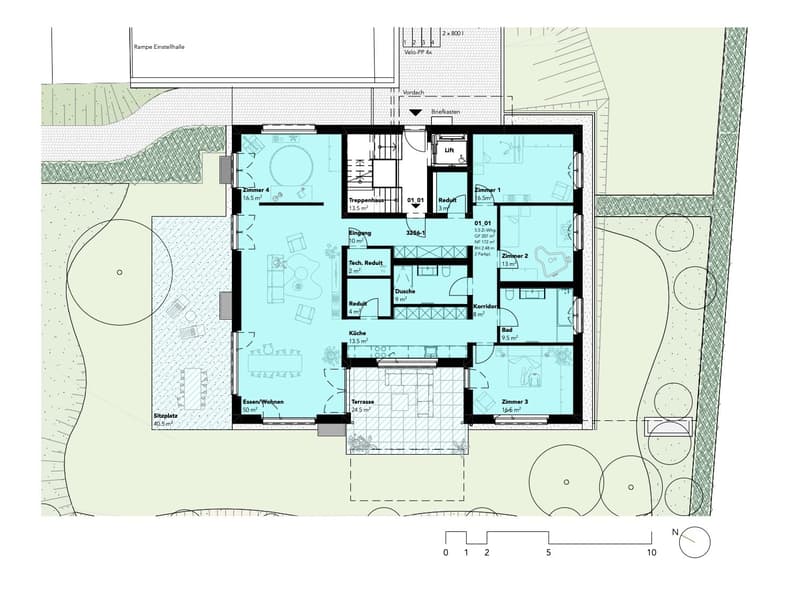 Entrance hall, living room, kitchen, 4 bedrooms, 2 bathrooms, terrace, lift, technical room, storage room, utility room, guest bathroom