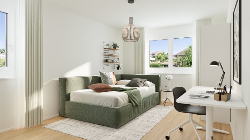 Bedroom with a bed, a desk, a lamp, a rug, a plant, and two windows