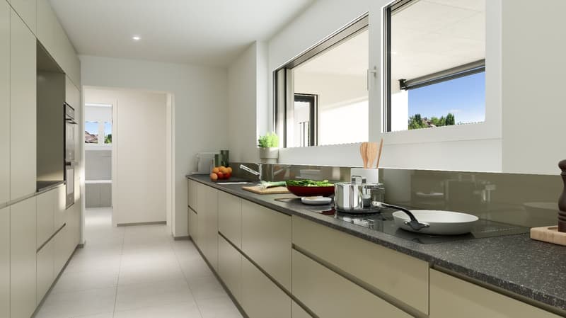 modern kitchen, countertop, white tiles, white cabinets, stainless steel sink, gas stove, dishwasher, windows, plants