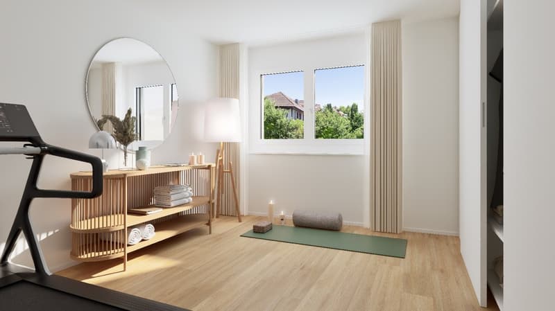 room with treadmill, yoga mat, wooden floor, window, mirror, lamp, yoga props