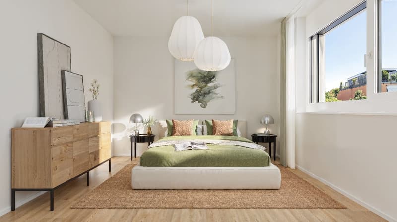 A modern bedroom featuring a white bed, green bedspread, and wooden wardrobe. Decorated with a minimalist style, it includes two lamps, a rug, and large windows.