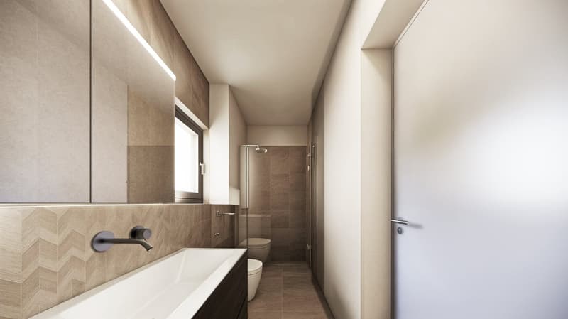 Bathroom with bathtub, sink, toilet, shower, mirror, and tiled walls