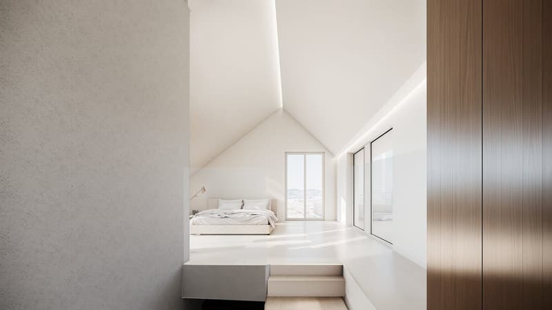 modern bedroom with bed, large windows, white walls, wooden floor, lamp