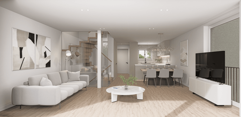 modern living room, white couch, white coffee table, white tv stand, dining table, chandelier, staircase