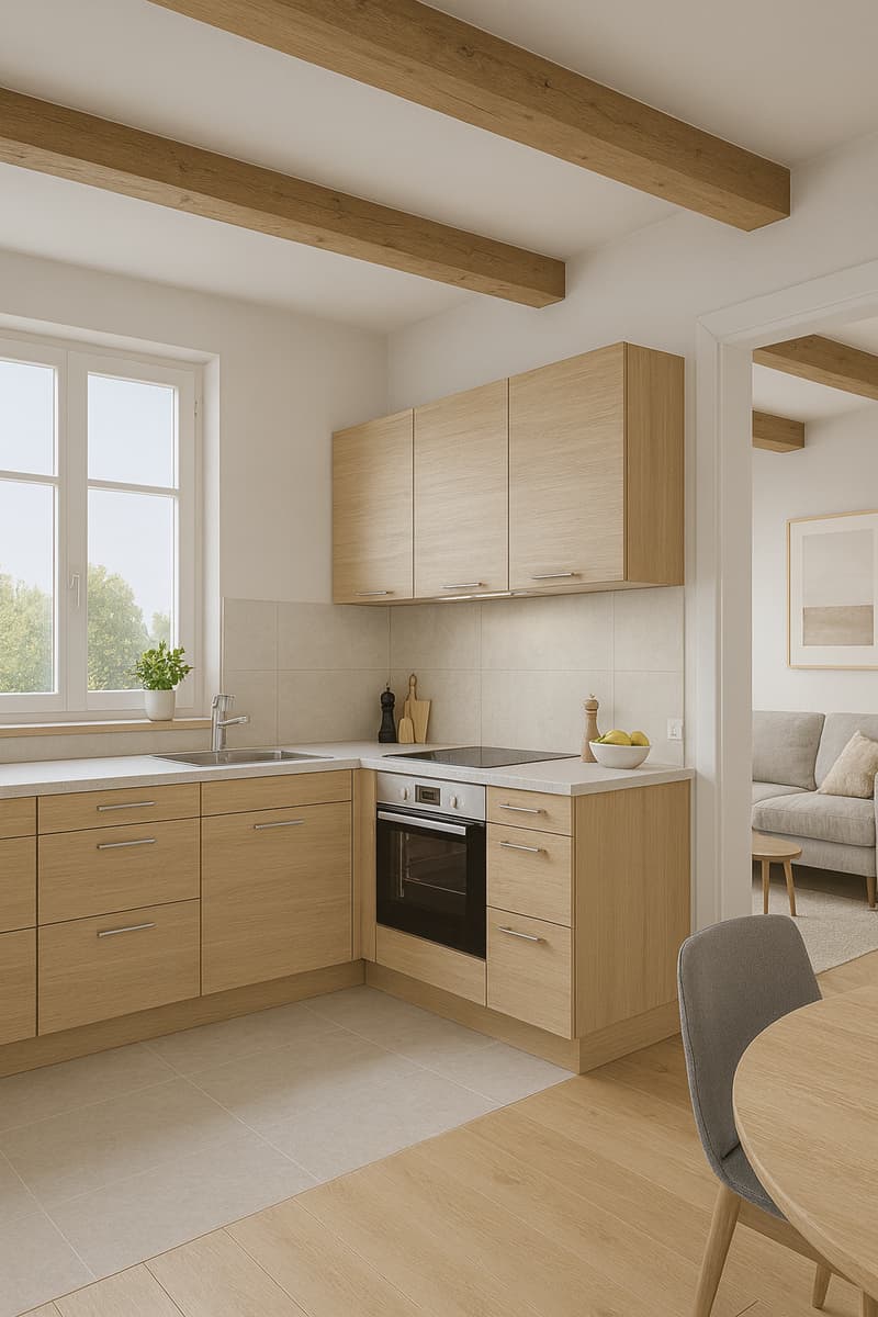 modern kitchen, wooden cabinets, tiled floor, oven, stove, wooden dining table and chair, window with view to outside