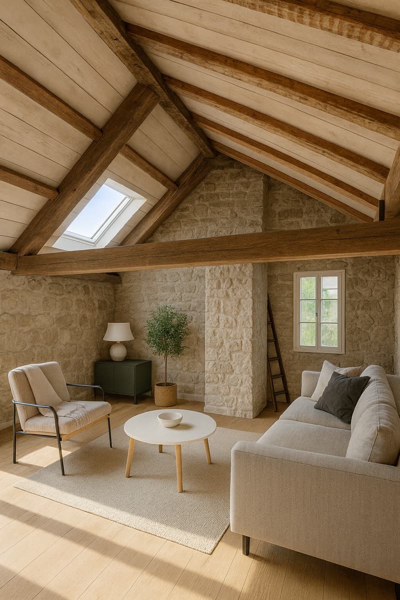 Exposed wooden beams, stone walls, wooden floor, coffee table, sofa, chair, potted plant, side table, ladder, window with view to outside, skylight