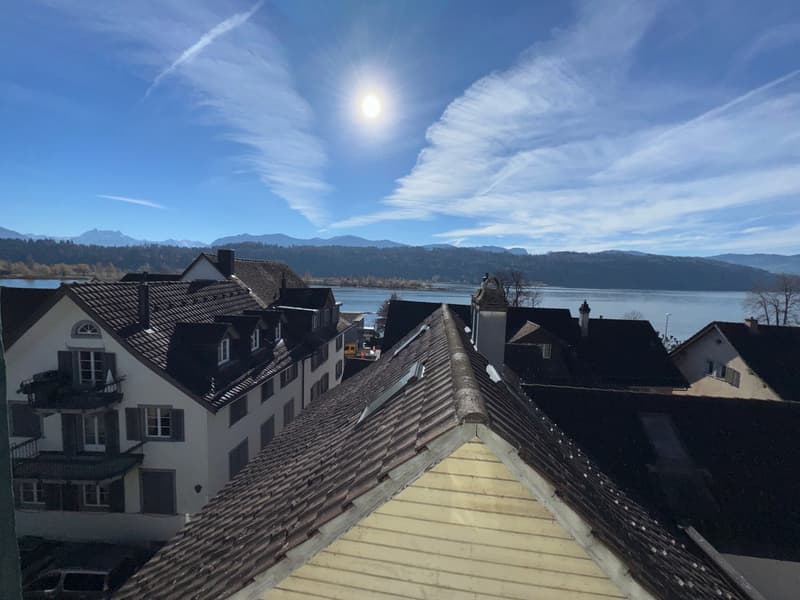 Apartment building, overlooking the lake and mountains, clear blue sky