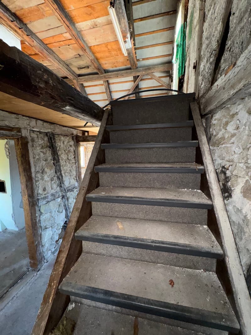 Stairs leading to raised ground floor, wooden structure, stone walls, unfinished construction.