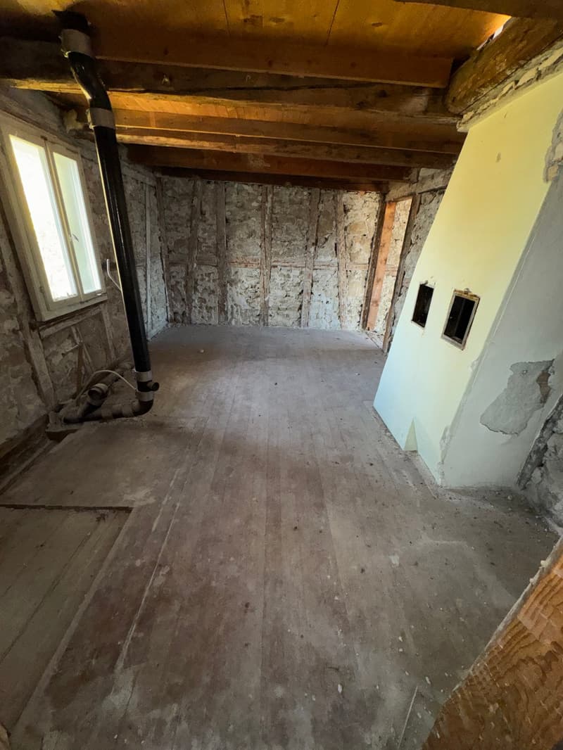 unfinished basement, wooden ceiling, bare walls, old floors, pipes