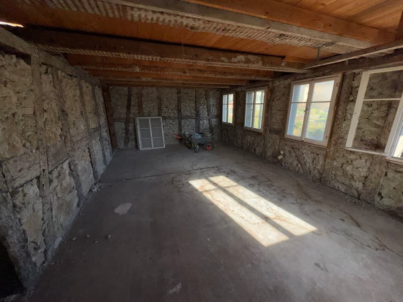 empty room with stone walls, wooden ceiling, windows, trolley, sunlight