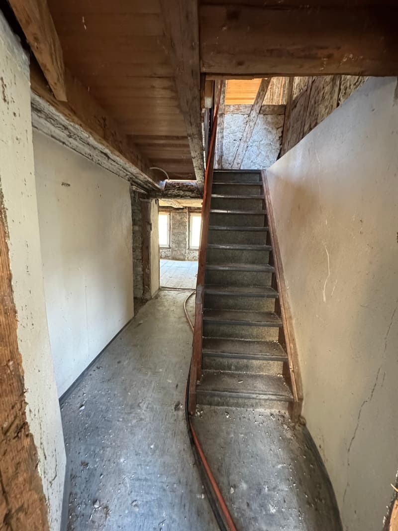 Old hallway with exposed wooden ceiling and concrete floor leading to stairs