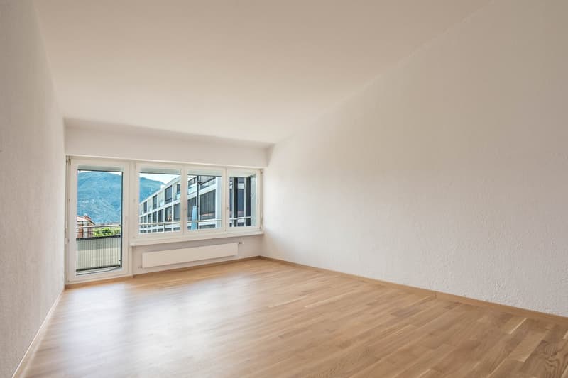 empty room, wooden floor, white walls, large windows, balcony