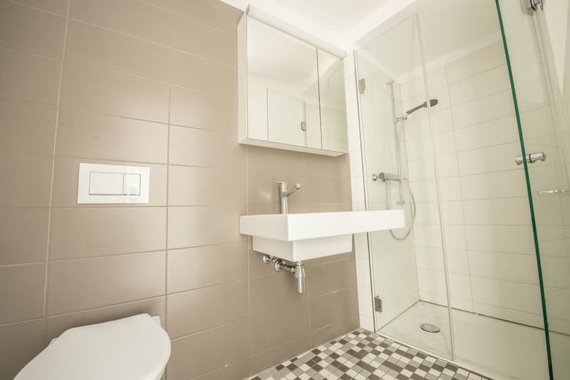 modern bathroom with white tiles, white sink, glass shower enclosure, white toilet