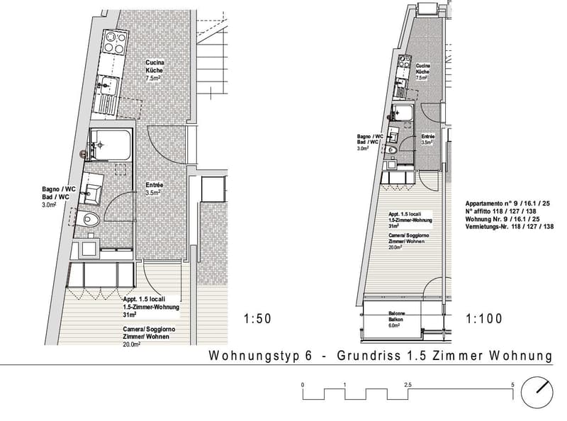 1.5 room apartment, kitchen, bathroom, living room, balcony