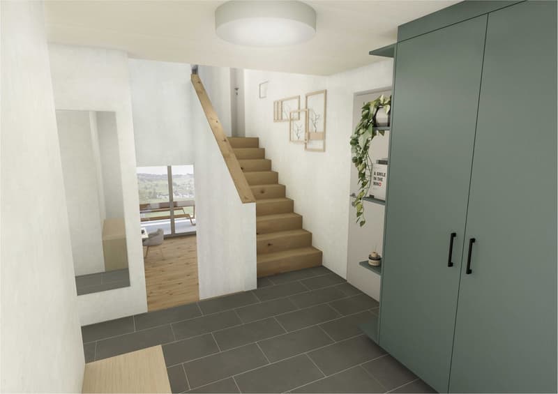 entrance hall, tiled floor, wooden staircase, mirror, storage unit, ceiling lamp