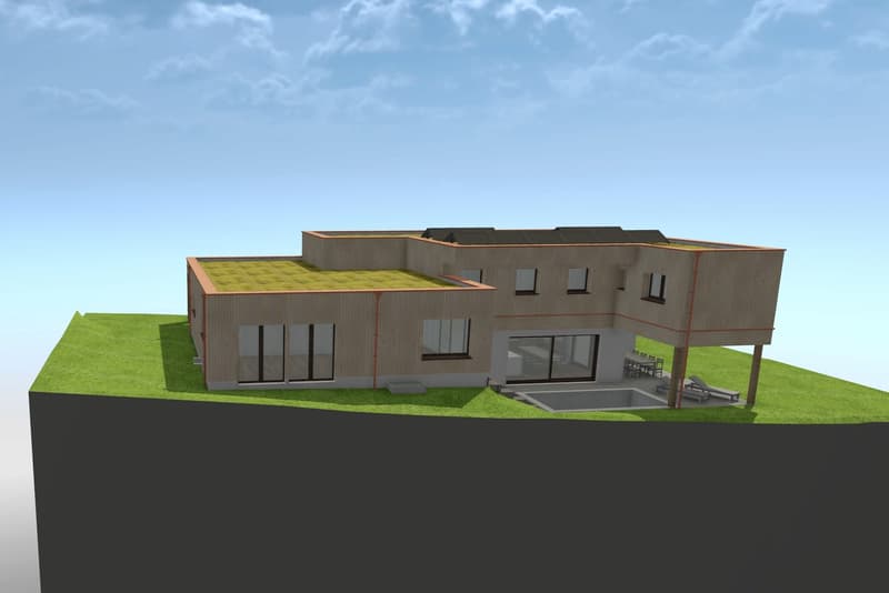 3 story house with a grass roof, raised ground floor, multiple windows, patio, solar panels on the roof, surrounded by grass