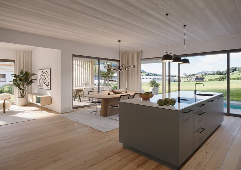 open-plan kitchen and dining area, island, modern chandelier, dining table, modern chairs, large glass windows, outdoor seating, garden view