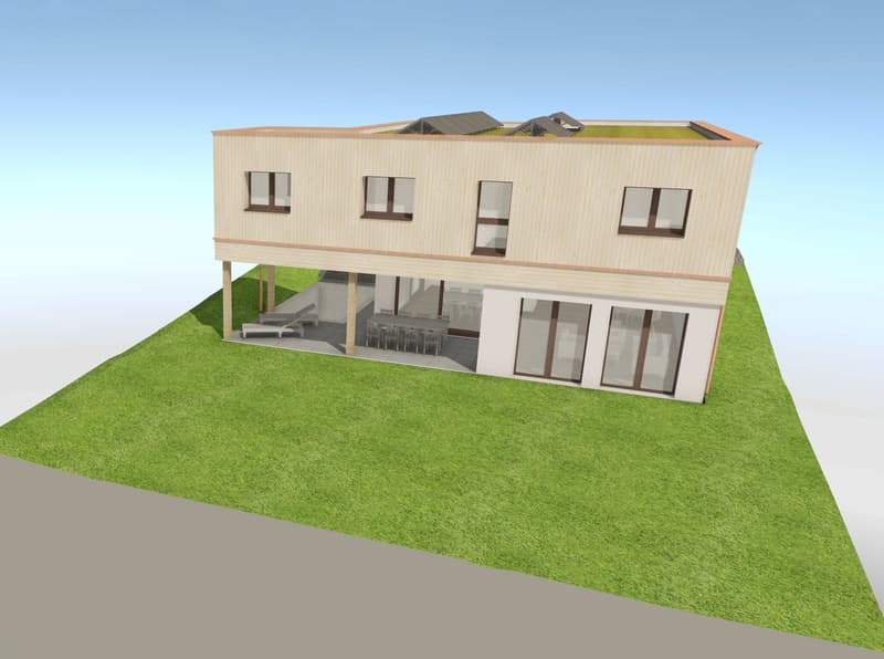 Raised ground floor, flat roof, large windows, wooden slats on the walls, solar panels, outdoor area
