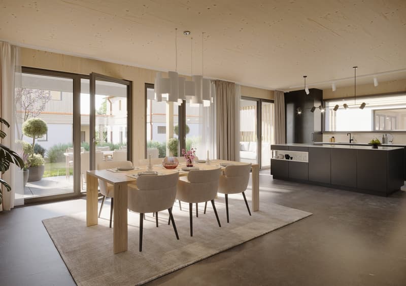 Dining room with a large table, wooden chairs, white curtains, sliding doors, carpet, modern kitchen, large windows, lamps