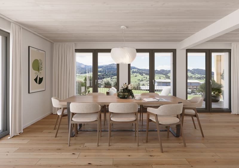 modern dining room with wooden table, 8 chairs, wooden floor, large windows, mountains view