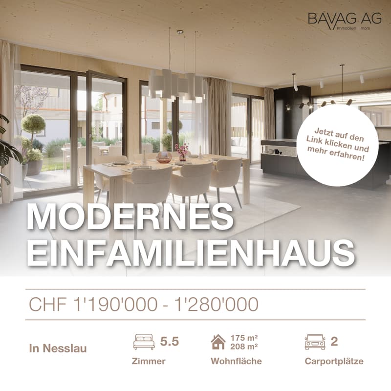 Modern single-family home with large windows, open floor plan, dining area, and access to a balcony or terrace. The home also has a garage.