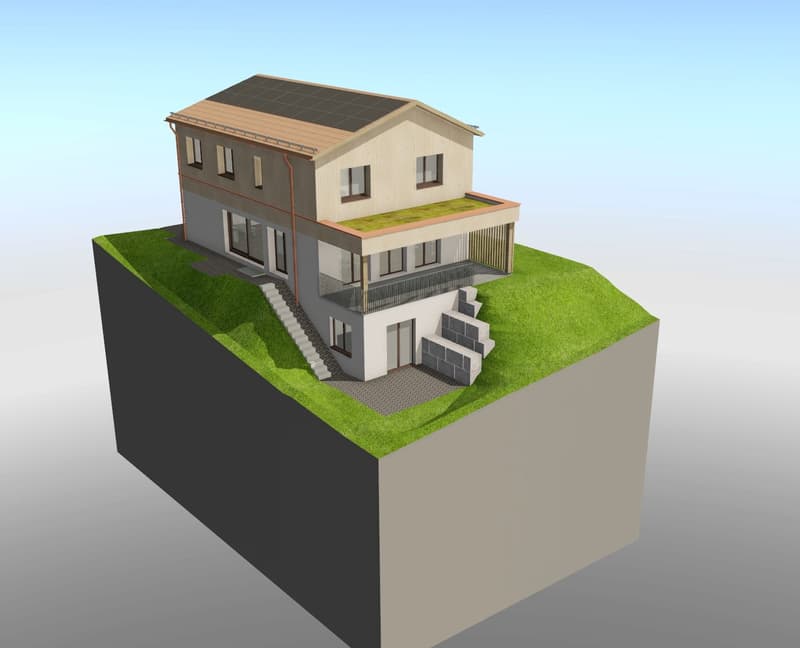 2 story house with a garage, solar panels on the roof, balcony, and a landscaped yard with a walkway leading to the entrance.